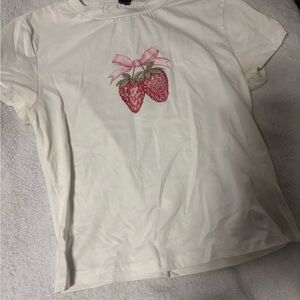 SHEIN Cream Tee with Pink Strawberry Design